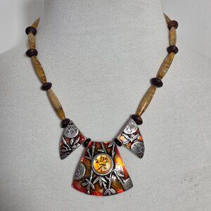 Chico's Asian Inspired Necklace Three Metal Pendants with Bamboo & Asian Writing